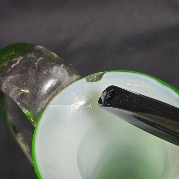 Vintage Green Art Glass Pitcher Ewer 8" Hand Blown Clear Handle Feet Mid Century - Picture 6 of 14